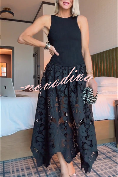 Atlas Asymmetric Ribbed-knit and Guipure Lace Back Zipper Midi Dress