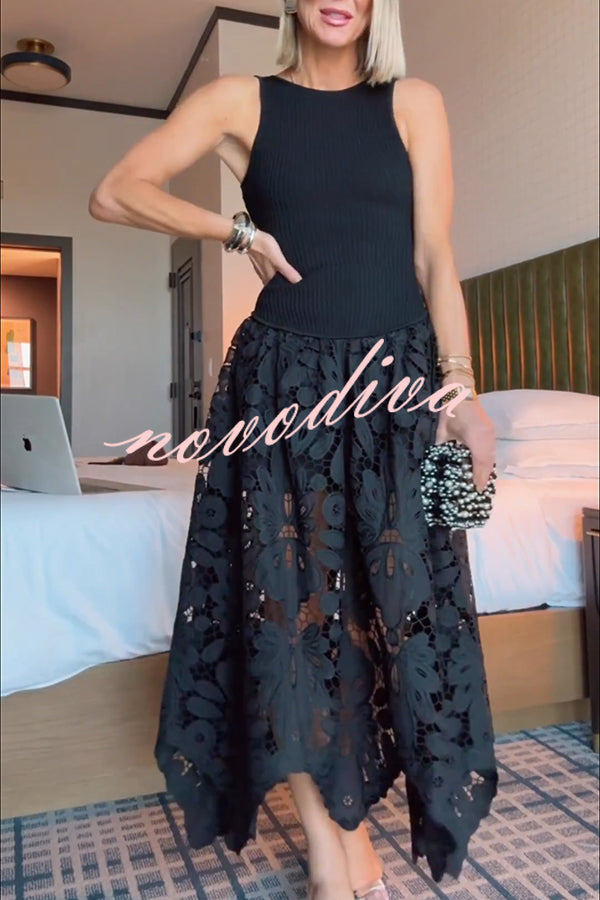 Atlas Asymmetric Ribbed-knit and Guipure Lace Back Zipper Midi Dress