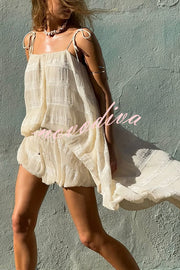 Petrova Textured Fabric Slip High Low Midi Tank and Drawstring Wasit Bubble Shorts Set