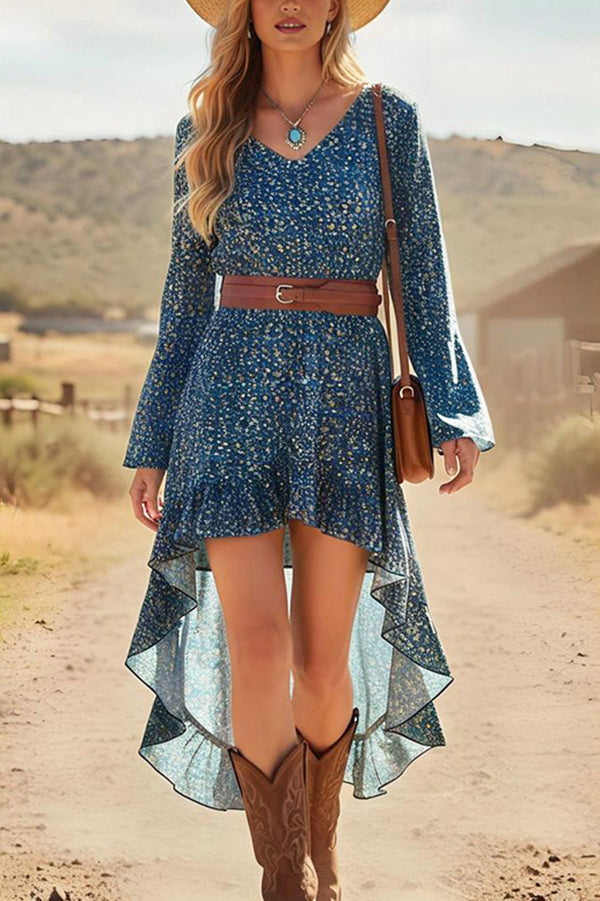 Bohemian Style V-neck Long-sleeved Casual Ruffle Midi Dress