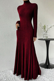 Solid Color High-neck Long-sleeved Slim-fit Fishtail Elegant Maxi Dress