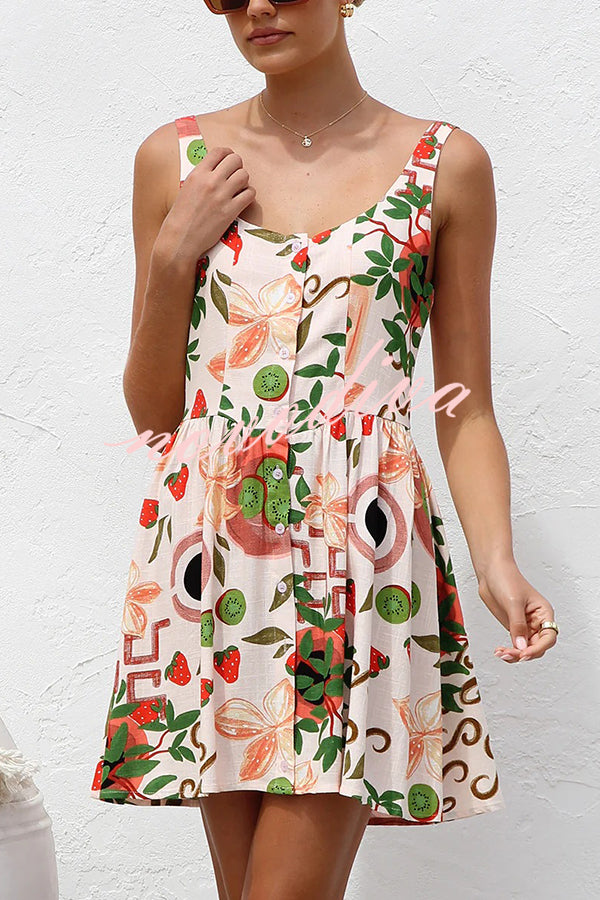 Botanical Print Sleeveless Button-Down Mini Dress