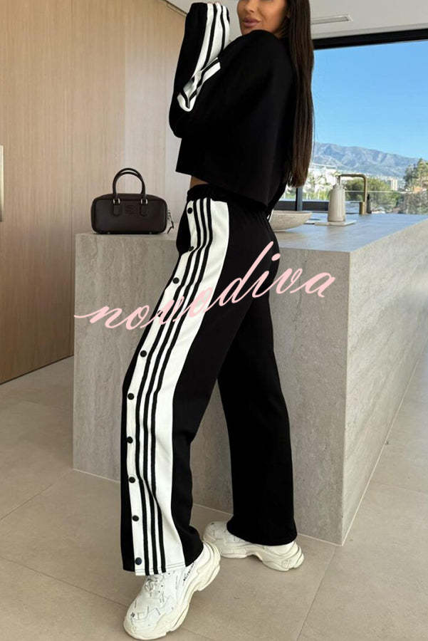 Sporty Chic Striped Patchwork Sweatshirt and Elastic Waist Side Button Up Loose Pants Set