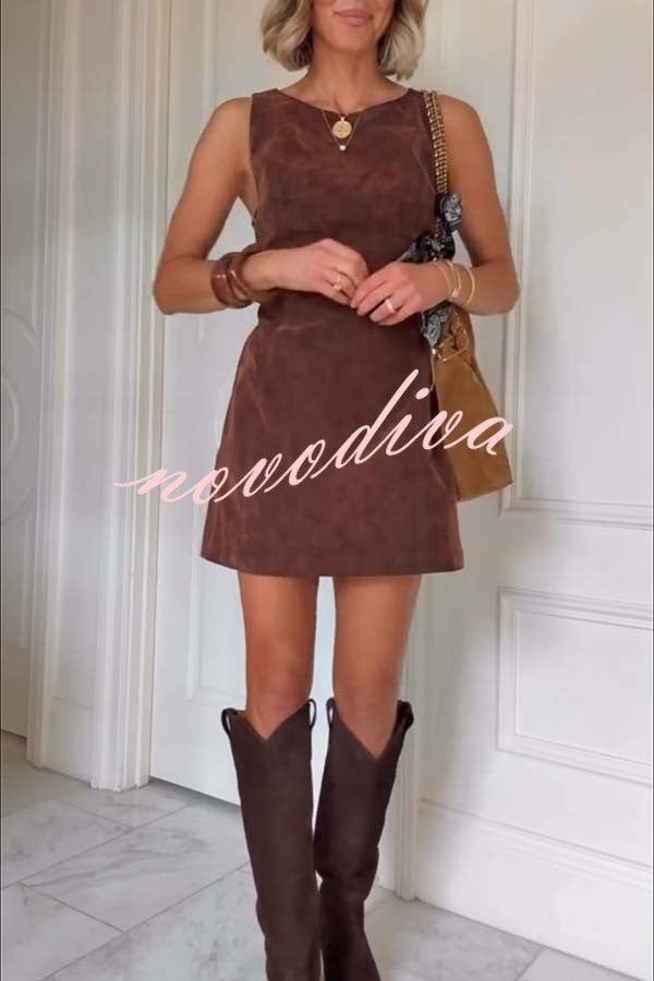 Atlas Faux Suede Open Back Button Accents Zipper Mini Dress
