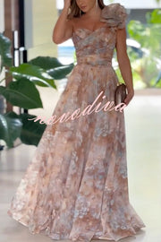 Romantic Ball Chiffon Floral One-shoulder Pleated Design Back Lace-up Gown Maxi Dress