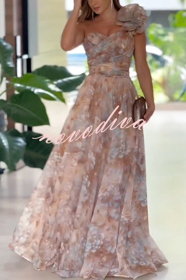 Romantic Ball Chiffon Floral One-shoulder Pleated Design Back Lace-up Gown Maxi Dress