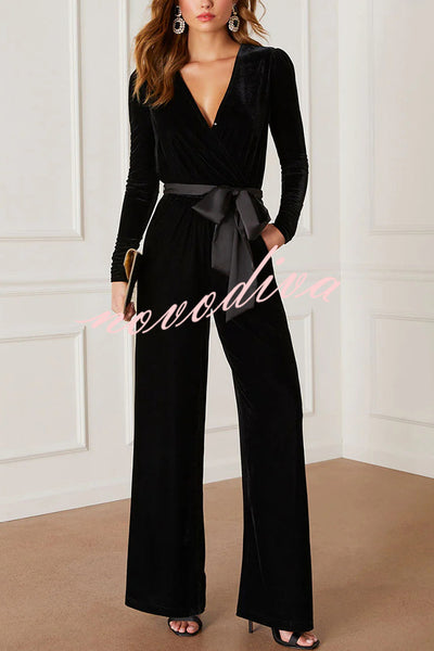 Love One Another Velvet Bow Belted Pocket Cutout Back Loose Jumpsuit