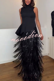 Chic Celebration Layered Sequined Tassels Slip Strapless H-line Midi Dress