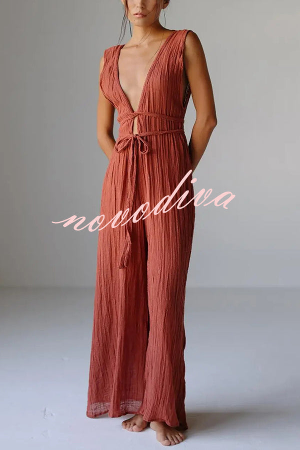 Resort Style V-neck Tie Pleated Casual Jumpsuit