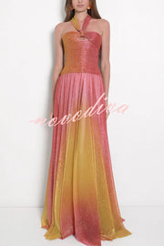 Vireya Metallic Fabric Gradient Print Ruched Cutout Halter Maxi Dress