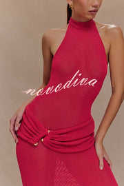 Quiet Confidence Knit Ruched Hip Halter Backless Stretch Maxi Dress