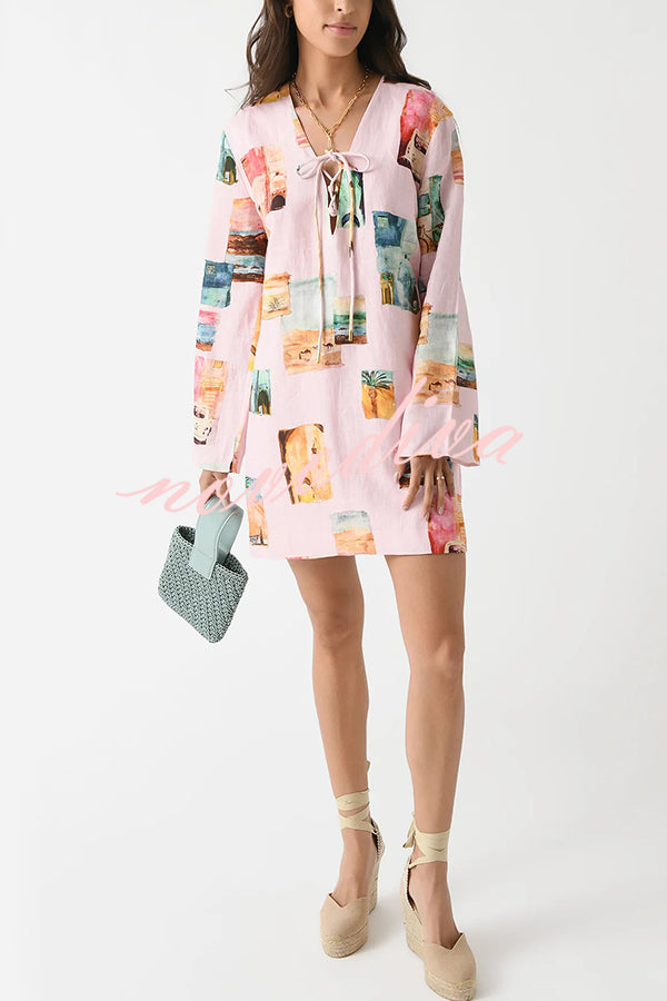 Coastal Cove Linen Blend Unique Print Tie-up Neck Long Sleeve Loose Mini Dress