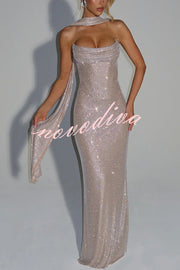 Mirabella Sequin Pleated Cowl Scooped Neckline Back Lace-up Strapless Maxi Dress