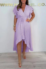 Resort Style V-neck Ruffle Sleeves Waist Tie Irregular Midi Dress