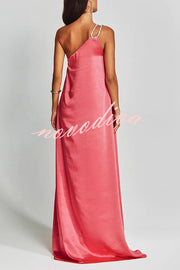 Charming Glance Satin Metal Hardware One Shoulder Loose Maxi Dress