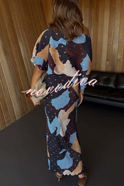 Mara Pleated Fabric Metallic Speckled Color Block Print One Shoulder Maxi Dress