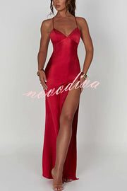 Satin Solid Color Sexy Backless Lace Up High Slit Maxi Dress