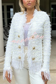 Solid Color Metal Button Long Sleeve Elegant Tassel Top