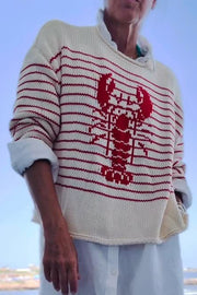 Striped Lobster Print Crew Neck Loose-fitting Knitted Sweater