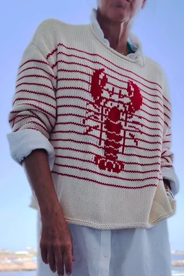 Striped Lobster Print Crew Neck Loose-fitting Knitted Sweater