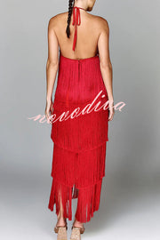 Sexy Halterneck Backless Elegant Fringe Maxi Dress