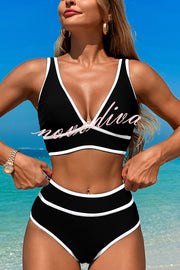 Solid Color Contrast High Waist Stretch Bikini Swimsuit