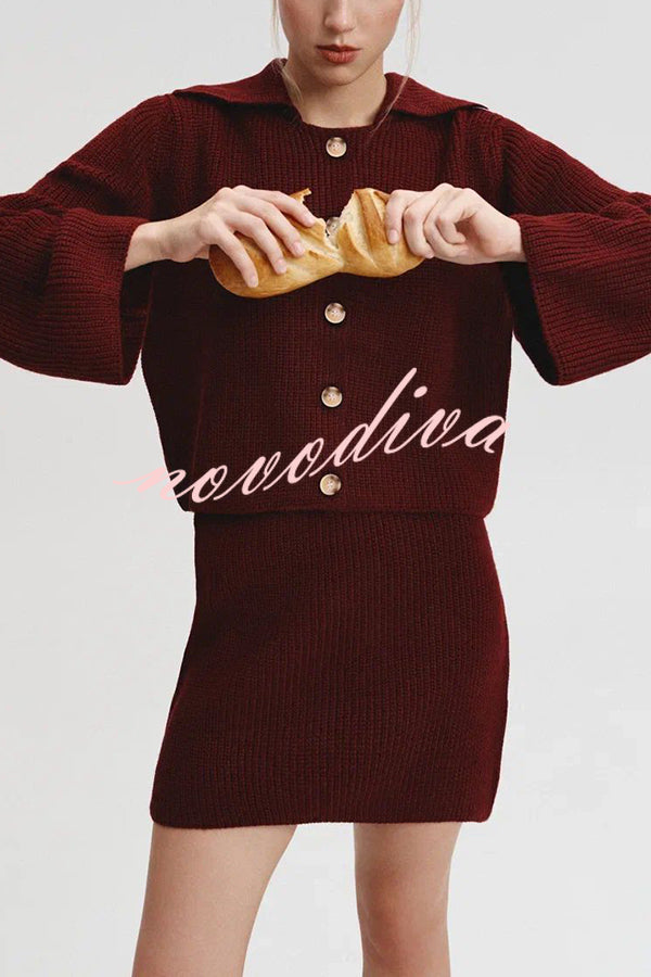 Fashion Lapel Bell Sleeve Knitted Cardigan and Casual Mini Skirt Set