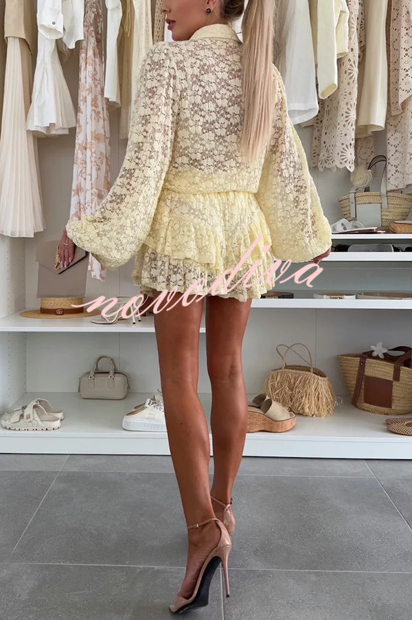 Nicola Lace Long Balloon Sleeve Blouse and Elastic Waist Layered Skort Set