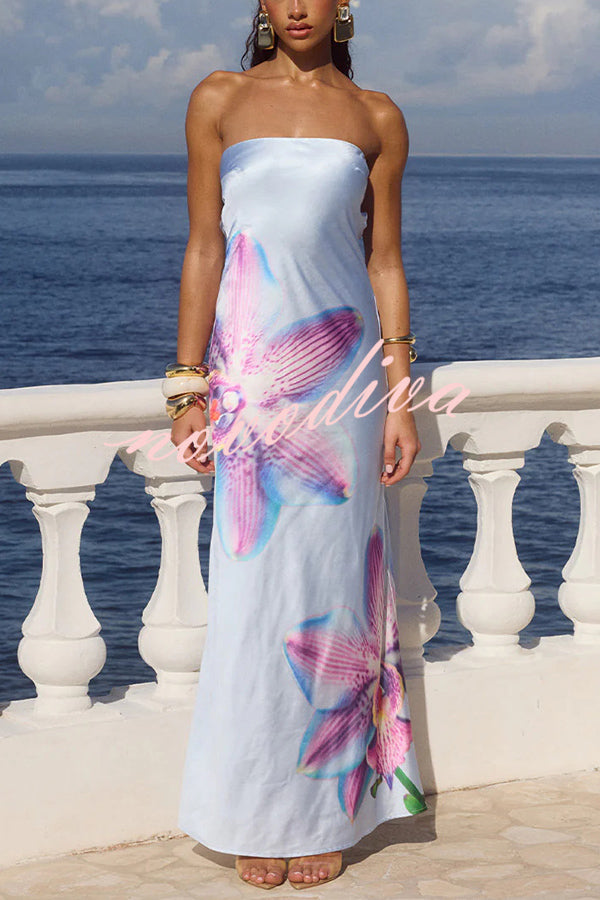 Floral Print Sexy Strapless Backless Holiday Maxi Dress