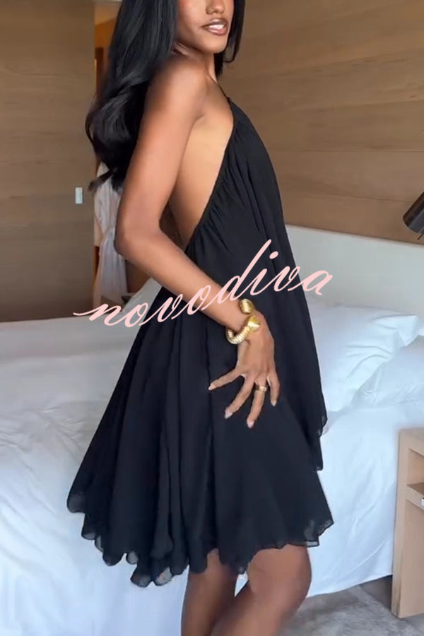 Chiffon Solid Color Halter Backless Irregular Mini Dress