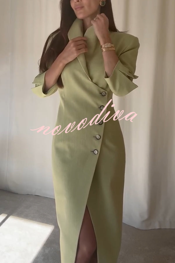 Elegant Look Linen Blend Stand Lapel Neck Half Sleeve Side Button Midi Dress