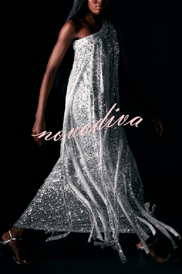 Holiday Muse Sequined Slit Tassels One Shoulder H-line Maxi Dress