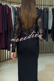 Fenna Sheer Floral Sequin Shoulder Pads Long Sleeve Drape Slit Maxi Dress
