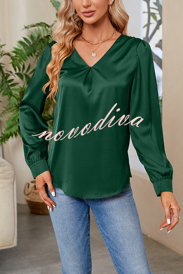 Satin Pleated V-neck Long-sleeved Loose Shirt