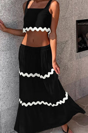 Napa Ric Rac Trims Sleeveless Crop Tank and Drawstring Elastic Waist Pocket Maxi Skirt