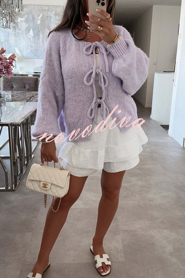 Solid Color Long-sleeved V-neck Lace-up Loose Knitted Sweater