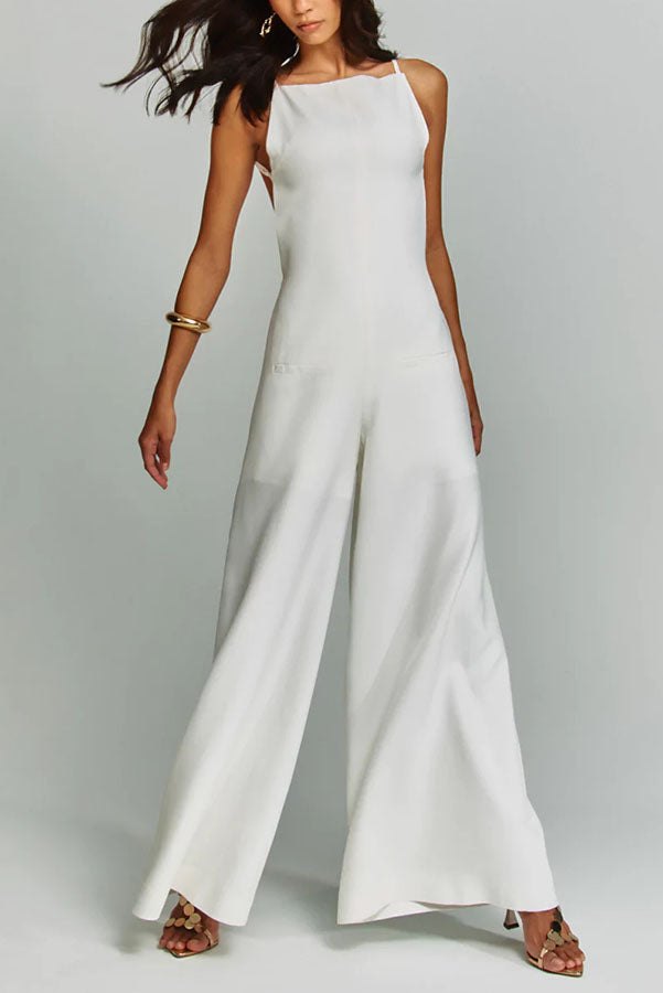 Kelso Linen Blend Square Neck Pocketed Backless Wide Leg Jumpsuit