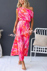 Satin Unique Print One Shoulder Tie Waist Slit Maxi Dress