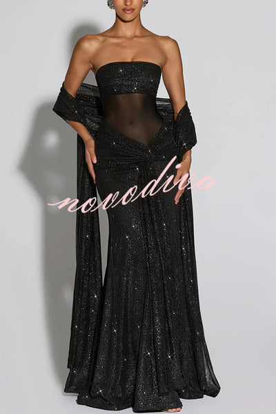 Paula Sequined Mesh and Jersey Off Shoulder Ruched Knot Drape Shawl Maxi Dress