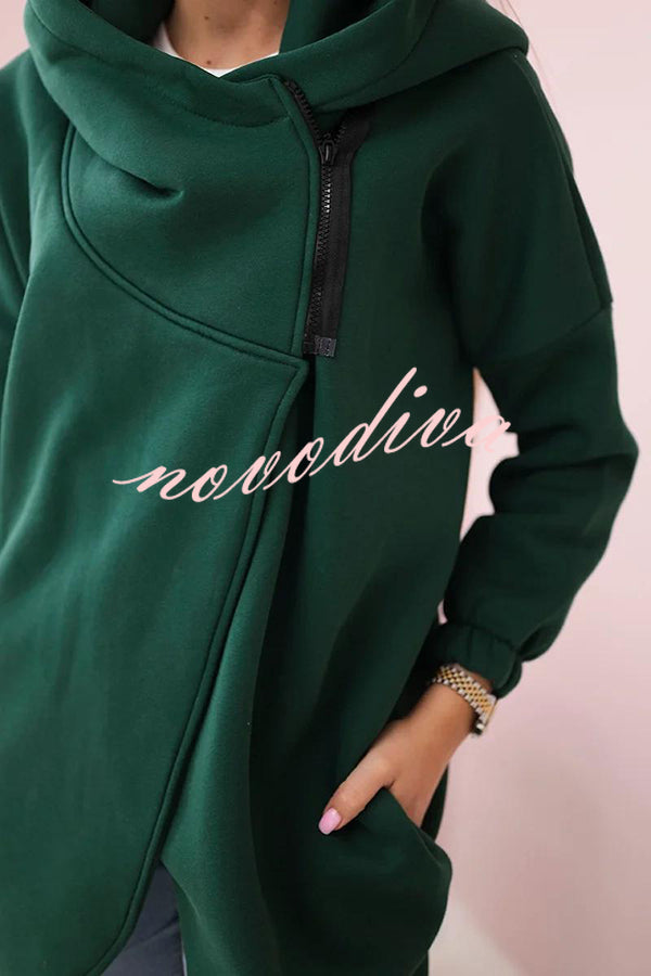 Solid Color Loose Hooded Zip-up Casual Sports Jacket