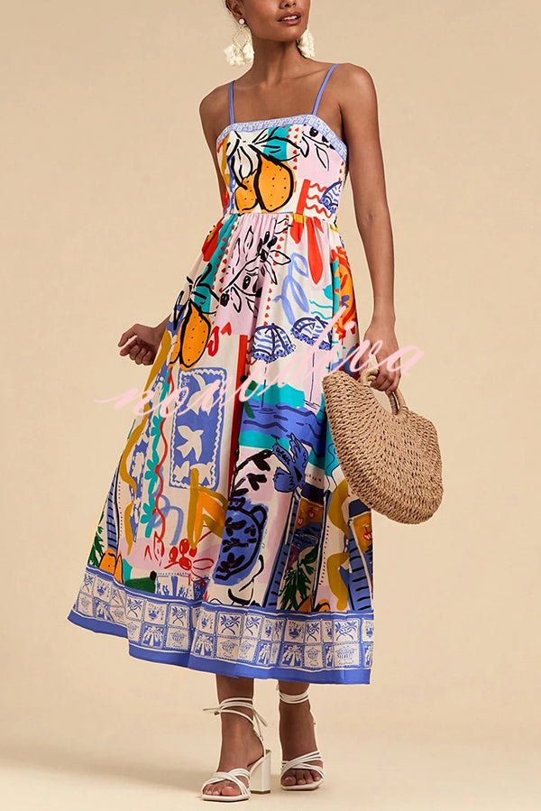 Unique Printed Sling Back Pleated Holiday Midi Dress