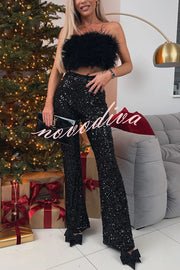 Chic Party Season Sequin High Rise Elastic Waist Flared Stretch Pants