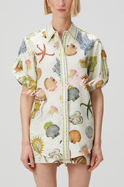 Beach Shell Print Short Sleeve Loose Shirt and Elastic Waist Tie Casual Pocket Shorts Set