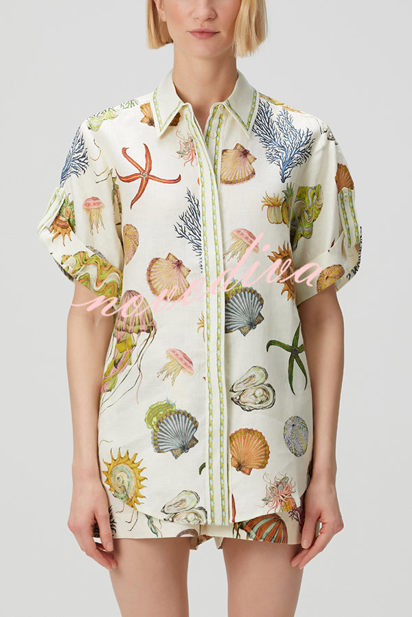 Beach Shell Print Short Sleeve Loose Shirt and Elastic Waist Tie Casual Pocket Shorts Set
