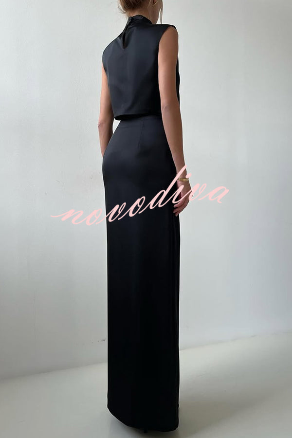 Solid Color Casual Sleeveless Crop Top and Elegant Button-down Maxi Skirt Set