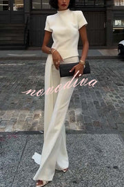 Pippa High Neck Short Sleeve Irregular Drape Hem Top and Elastic Waist Flare Pants Set