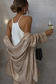 Party Scene Sequin Open Front Long Sleeve Drape Coat