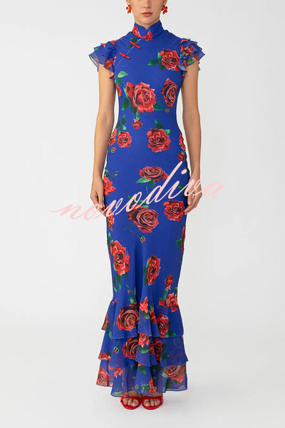 Cheongsam Style Rose Print Layered Trumpet Sleeves Stand Collar Maxi Dress