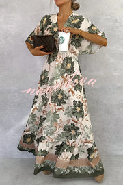 Floral Print V-neck Short Sleeve Waist Loose Full Hem Maxi Dress