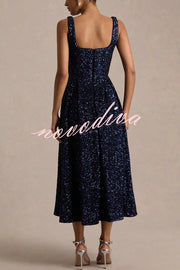 Effortless Sparkle Sequin Square Neck Wide Strap A-Line Midi Dress